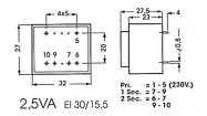 1150025M INGEGOTEN TRANSFORMATOR 2.5VA 1 x 15V / 1 x 0.167A