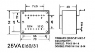 2070250M INGEGOTEN TRANSFORMATOR 25VA  2 x 7.5V / 2 x 1.667A