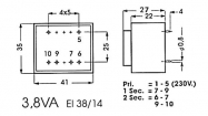 2060038M INGEGOTEN TRANSFORMATOR 3.8VA  2 x 6V / 2 x 0.317