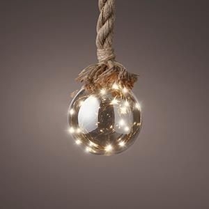 10cm LED kerstbal smokey aan jute touw 80cm op batterij