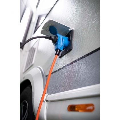 CEE Adapterkabel Camping 1,5 m kabel in oranje (CEE-stekker en hoekkoppeling incl. combinatiecontactdoos, 230V/16A, voor permanent buitengebruik)