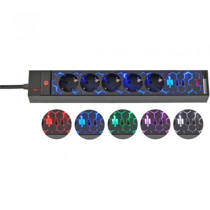 Gaming stekkerdoos GSL 05 5-voudig met 2 USB-laadfuncties 1,5m H05VV-F3G1.5 TYPE F