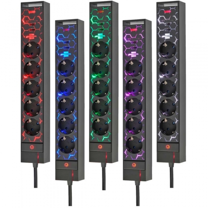 Gaming stekkerdoos GSL 05 5-voudig met 2 USB-laadfuncties 1,5m H05VV-F3G1.5 TYPE F