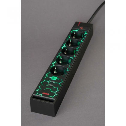 Gaming stekkerdoos GSL 05 5-voudig met 2 USB-laadfuncties 1,5m H05VV-F3G1.5 TYPE F