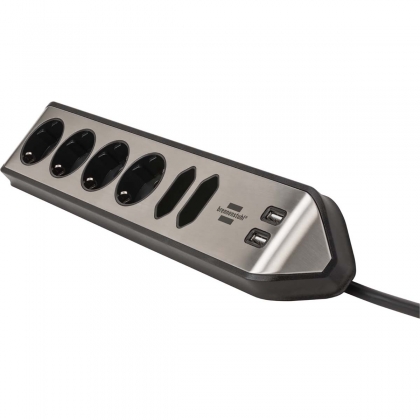 Estilo 6-voudige hoek-stopcontactstrip met hoogwaardig RVS-oppervlak voor keuken en kantoor (bureaustopcontact met 4x veiligheidscontactdozen, 2x Euro-stopcontacten, incl. USB-oplaadfunctie) TYPE F