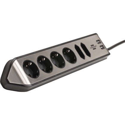 Estilo 6-voudige hoek-stopcontactstrip met hoogwaardig RVS-oppervlak voor keuken en kantoor (bureaustopcontact met 4x veiligheidscontactdozen, 2x Euro-stopcontacten, incl. USB-oplaadfunctie) TYPE F