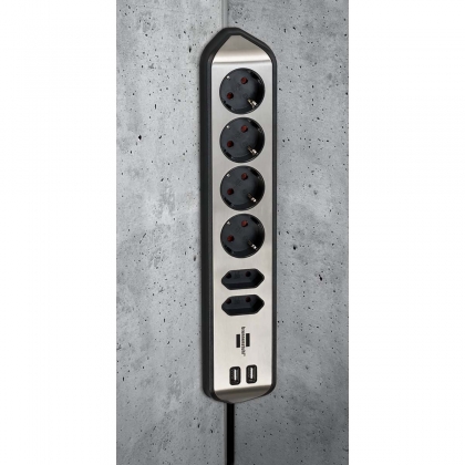 Estilo 6-voudige hoek-stopcontactstrip met hoogwaardig RVS-oppervlak voor keuken en kantoor (bureaustopcontact met 4x veiligheidscontactdozen, 2x Euro-stopcontacten, incl. USB-oplaadfunctie)
