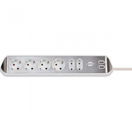 Estilo 6-voudige hoek-stopcontactstrip met hoogwaardig RVS-oppervlak voor keuken en kantoor (bureaucontactdoos met 4x veiligheidscontactdozen, 2x Euro-stopcontacten, incl. USB-oplaadfunctie) zilver/wit TYPE F