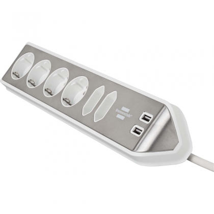 Estilo 6-voudige hoek-stopcontactstrip met hoogwaardig RVS-oppervlak voor keuken en kantoor (bureaucontactdoos met 4x veiligheidscontactdozen, 2x Euro-stopcontacten, incl. USB-oplaadfunctie) zilver/wit TYPE F