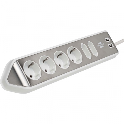 Estilo 6-voudige hoek-stopcontactstrip met hoogwaardig RVS-oppervlak voor keuken en kantoor (bureaucontactdoos met 4x veiligheidscontactdozen, 2x Euro-stopcontacten, incl. USB-oplaadfunctie) zilver/wit TYPE F