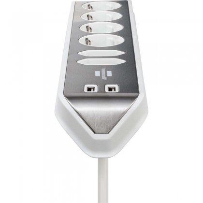 Estilo 6-voudige hoek-stopcontactstrip met hoogwaardig RVS-oppervlak voor keuken en kantoor (bureaucontactdoos met 4x veiligheidscontactdozen, 2x Euro-stopcontacten, incl. USB-oplaadfunctie) zilver/wit TYPE F