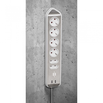 Estilo 6-voudige hoek-stopcontactstrip met hoogwaardig RVS-oppervlak voor keuken en kantoor (bureaucontactdoos met 4x veiligheidscontactdozen, 2x Euro-stopcontacten, incl. USB-oplaadfunctie) zilver/wit TYPE F