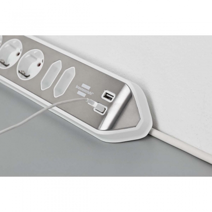 Estilo 6-voudige hoek-stopcontactstrip met hoogwaardig RVS-oppervlak voor keuken en kantoor (bureaucontactdoos met 4x veiligheidscontactdozen, 2x Euro-stopcontacten, incl. USB-oplaadfunctie) zilver/wit TYPE F