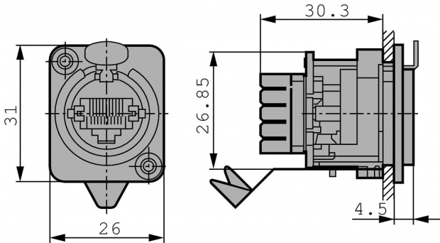 Op paneel gemonteerde contactdoos met IDC-ponsklemmen, metalen flens van D-formaat met vergrendeling, max. paneeldikte 4 mm, inclusief montageschroeven