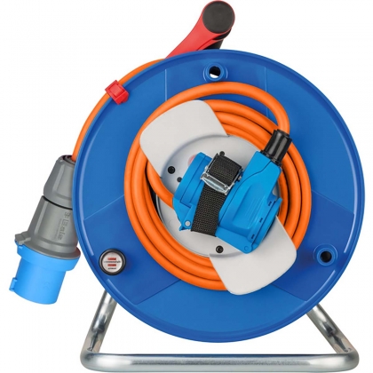 CEE-kabelhaspel met 23+2m RN-Kabel in oranje (camping kabelhaspel met CEE-hoekkoppeling incl. Stekkerdoos + CEE-stekker, voor buitengebruik)