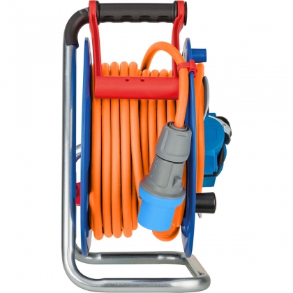 CEE-kabelhaspel met 23+2m RN-Kabel in oranje (camping kabelhaspel met CEE-hoekkoppeling incl. Stekkerdoos + CEE-stekker, voor buitengebruik)