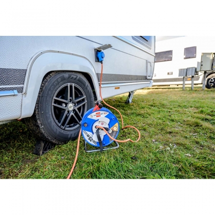 CEE-kabelhaspel met 23+2m RN-Kabel in oranje (camping kabelhaspel met CEE-hoekkoppeling incl. Stekkerdoos + CEE-stekker, voor buitengebruik)