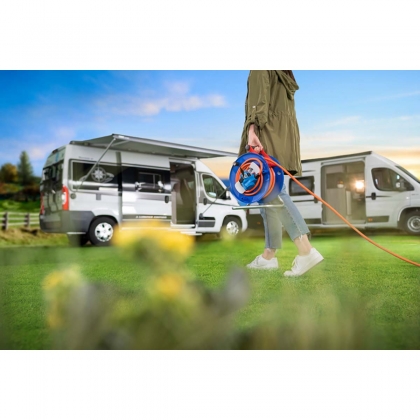 CEE-kabelhaspel met 23+2m RN-Kabel in oranje (camping kabelhaspel met CEE-hoekkoppeling incl. Stekkerdoos + CEE-stekker, voor buitengebruik)