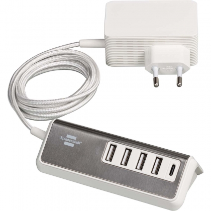 Estilo USB-multilader met 1,50 m textiel kabel 4x USB A + 1x USB C TYPE F