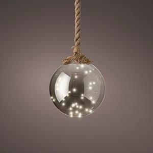 20cm LED kerstbal smokey aan jute touw 80cm op batterij