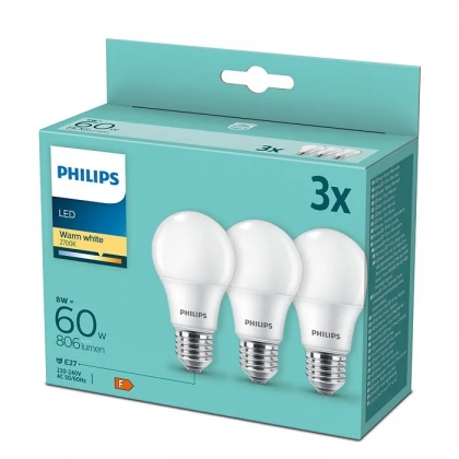 3 stuks Philips LED-lamp 8W E27 A60 2700 Warm Wit