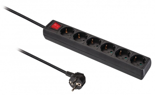 6-voudige stekkerdoos schuko met schakelaar 3 mtr zwart 3x1mm²