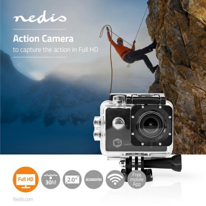 Action Cam | 1 Scherm | 1080p@30fps | 12 MPixel | Waterbestendig tot: 30.0 m | 90 min | Wi-Fi | App beschikbaar voor: Android™ / IOS | Mounts inbegrepen | Zwart