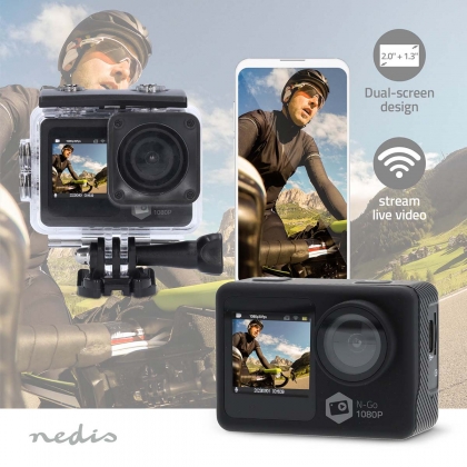 Action Cam | Dubbel scherm | 1080p@30fps | 12 MPixel | Waterbestendig tot: 30.0 m | 70 min | Wi-Fi | App beschikbaar voor: Android™ / IOS | Mounts inbegrepen | Zwart