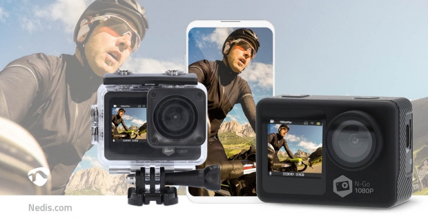 Action Cam | Dubbel scherm | 1080p@30fps | 12 MPixel | Waterbestendig tot: 30.0 m | 70 min | Wi-Fi | App beschikbaar voor: Android™ / IOS | Mounts inbegrepen | Zwart