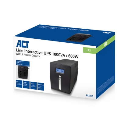 ACT 1000VA UPS noodstroomvoorziening, 2x IEC C13, 2x type F female, 1x USB, 1x RS232