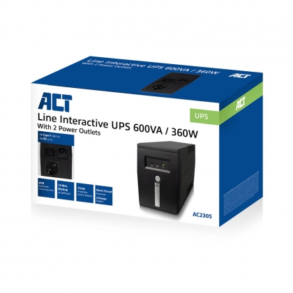 ACT 600VA UPS noodstroomvoorziening, 1x IEC (C13) + 1x Type F outlet, 1x IEC C14 input, 230 V, AVR