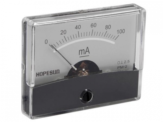 ANALOGE PANEELMETER VOOR DC STROOMMETINGEN 100mA DC / 60 x 47mm