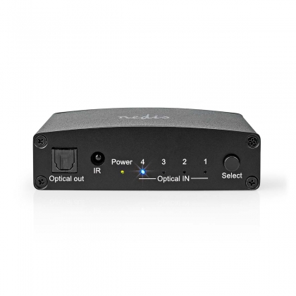 Digitale Audio-Switch | 4-wegs | Input: DC Power / 4x TosLink | Output: TosLink Female | Afstandsbediening / Drukknop / Manueel | Metaal | Zwart
