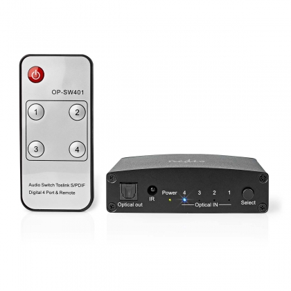 Digitale Audio-Switch | 4-wegs | Input: DC Power / 4x TosLink | Output: TosLink Female | Afstandsbediening / Drukknop / Manueel | Metaal | Zwart