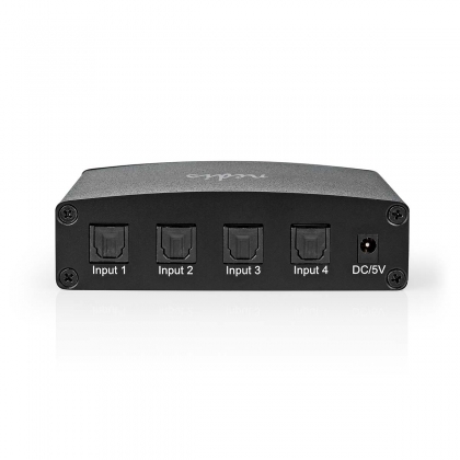 Digitale Audio-Switch | 4-wegs | Input: DC Power / 4x TosLink | Output: TosLink Female | Afstandsbediening / Drukknop / Manueel | Metaal | Zwart
