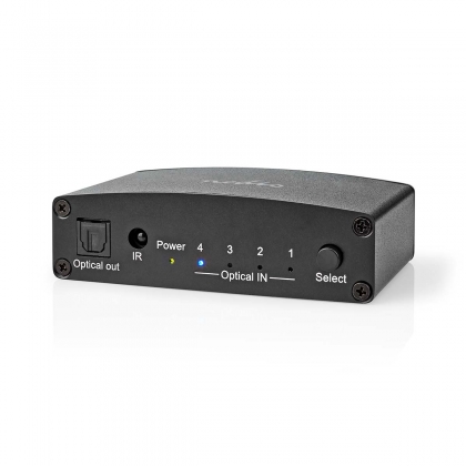 Digitale Audio-Switch | 4-wegs | Input: DC Power / 4x TosLink | Output: TosLink Female | Afstandsbediening / Drukknop / Manueel | Metaal | Zwart