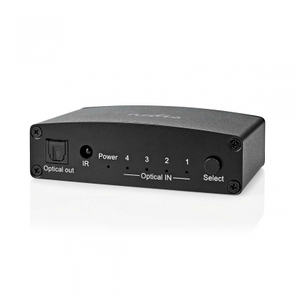 Digitale Audio-Switch | 4-wegs | Input: DC Power / 4x TosLink | Output: TosLink Female | Afstandsbediening / Drukknop / Manueel | Metaal | Zwart