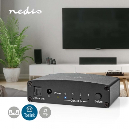 Digitale Audio-Switch | 4-wegs | Input: DC Power / 4x TosLink | Output: TosLink Female | Afstandsbediening / Drukknop / Manueel | Metaal | Zwart
