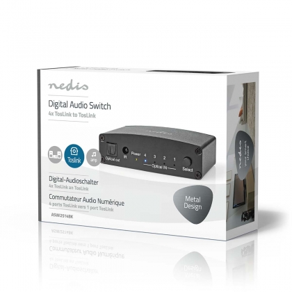 Digitale Audio-Switch | 4-wegs | Input: DC Power / 4x TosLink | Output: TosLink Female | Afstandsbediening / Drukknop / Manueel | Metaal | Zwart