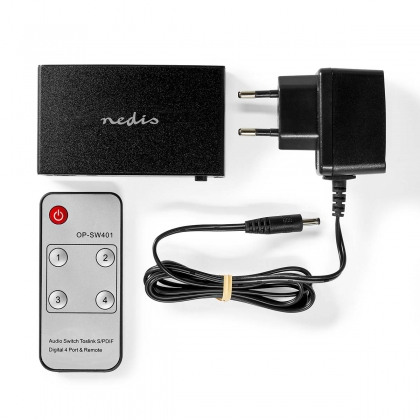 Digitale Audio-Switch | 4-wegs | Input: DC Power / 4x TosLink | Output: TosLink Female | Afstandsbediening / Drukknop / Manueel | Metaal | Zwart