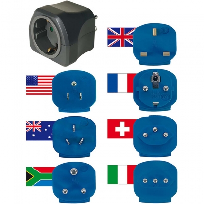 Reisstekkerset / reisadapterset (reisstekkeradapter met diverse opzetstukken voor meer dan 150 landen (7 x stekkerinzet) zwart