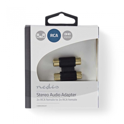 Stereo-Audioadapter | 2x RCA Female | 2x RCA Female | Verguld | Recht | ABS | Antraciet | 1 Stuks | Doos