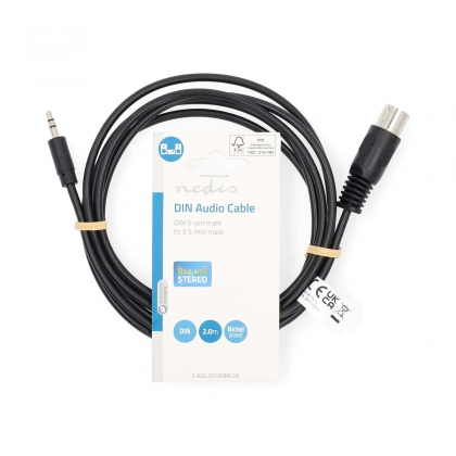 DIN-Audiokabel | DIN 5-Pins Male | 3,5 mm Male | Vernikkeld | 2.00 m | Rond | PVC | Zwart | Label