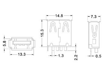 USB A VROUWELIJK, ENKELVOUDIGE CONNECTOR 180°, VOOR PCB