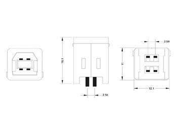 USB B VROUWELIJK, ENKELVOUDIGE CONNECTOR 180°, VOOR PCB