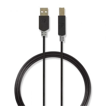 USB-Kabel | USB 2.0 | USB-A Male | USB-B Male | 480 Mbps | Verguld | 2.00 m | Rond | PVC | Antraciet | Doos