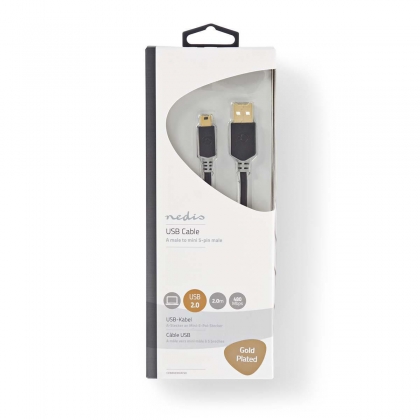 USB-Kabel | USB 2.0 | USB-A Male | USB Mini-B 5-Pins Male | 480 Mbps | Verguld | 2.00 m | Rond | PVC | Antraciet | Window Box