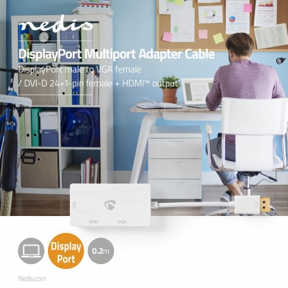 DisplayPort-Adapter | DisplayPort Male | DVI-D 24+1-Pins Female / HDMI™ Output / VGA Female 15p | 4K@60Hz | Verguld | Schakelbaar | 0.20 m | Rond | ABS | ABS | Wit | Doos