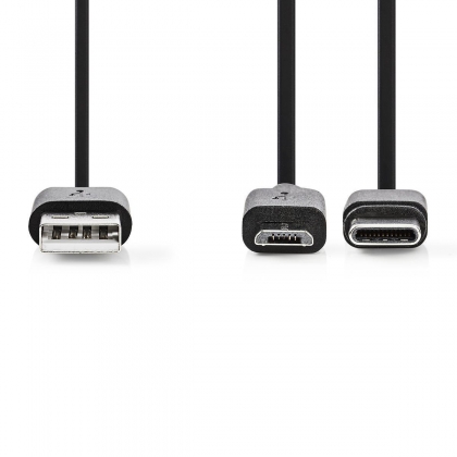 2-in-1-Kabel | USB 2.0 | USB-A Male | USB Micro-B Male / USB-C™ Male | 480 Mbps | 1.00 m | Vernikkeld | Rond | PVC | Zwart | Blister