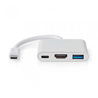 USB Multi-Port Adapter | 3-in-1 | USB 3.2 Gen 1 | USB-C™ Male | HDMI™ Output / USB-A Female / USB-C™ Female | 5 Gbps | 0.10 m | Rond | Vernikkeld | PVC | Wit | Doos